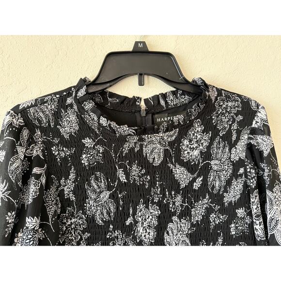 HARPER 241 Black White Floral Chiffon Mini Dress Womens Size 8 High Neck Ruffled - Picture 5 of 10
